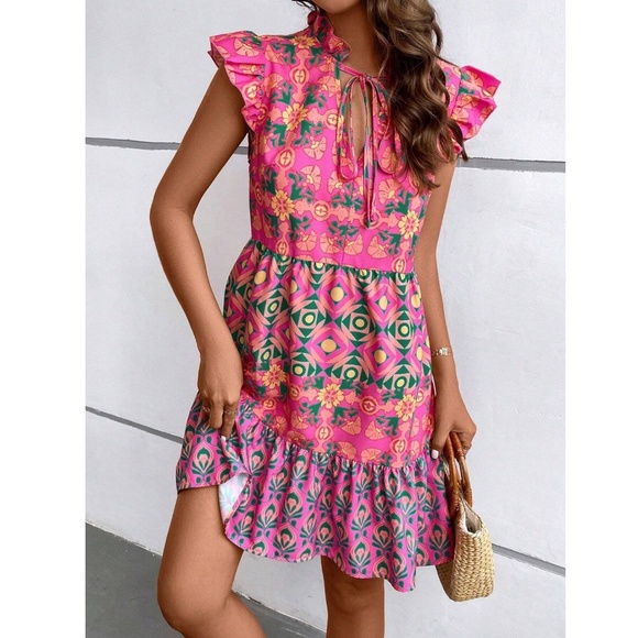 Abstract Print Multicolor on Pink Flowy Loose Fitting Short Sleeve Mini Dress - Picture 6 of 7